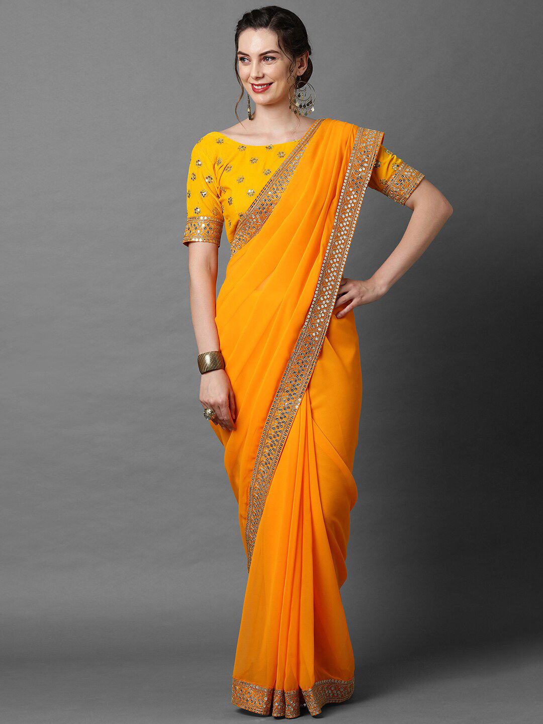 Mitera Yellow Sequinned Saree Price in India