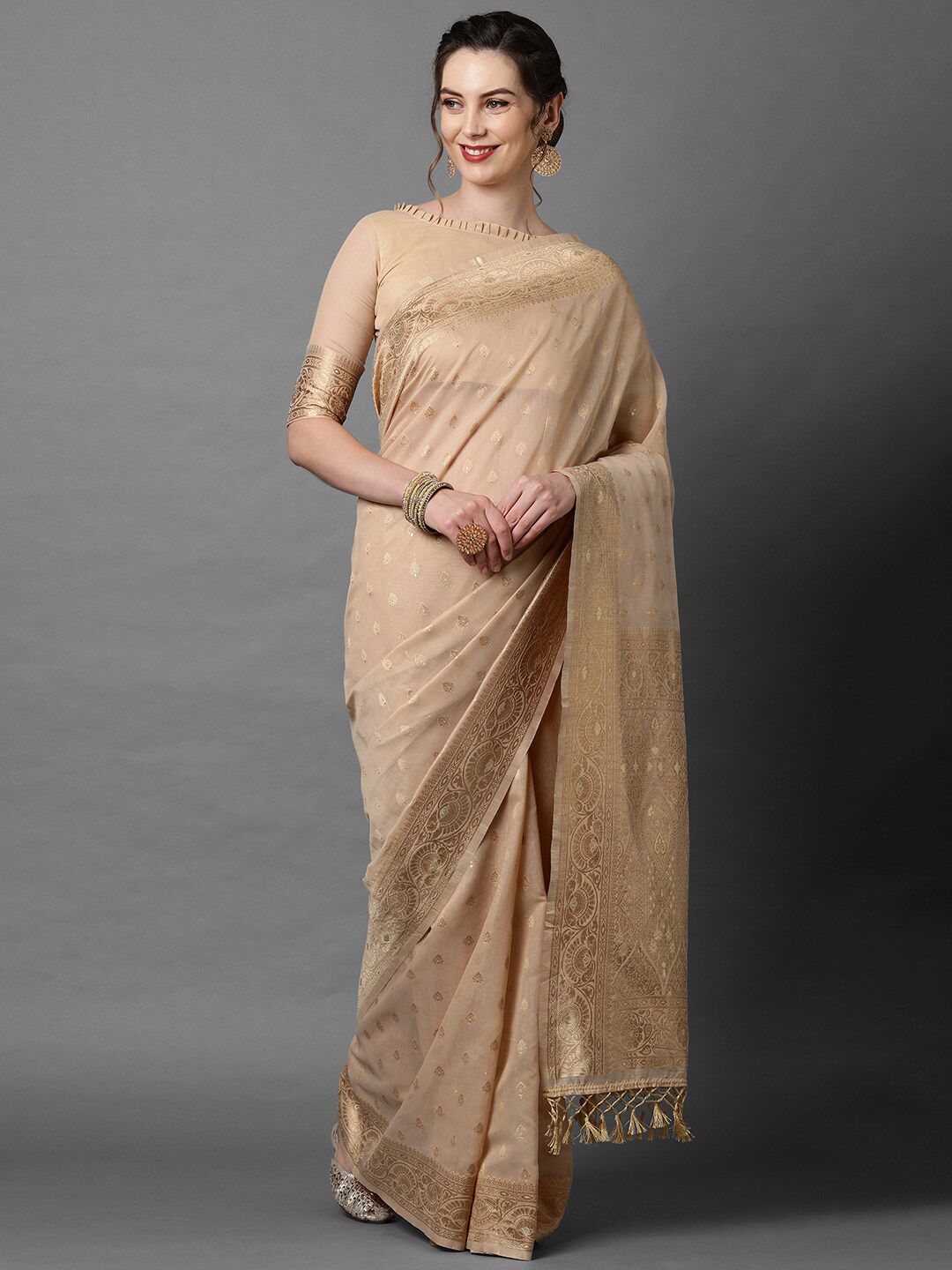 Mitera Cream-Coloured & Gold-Coloured Ethnic Motifs Silk Blend Banarasi Saree Price in India