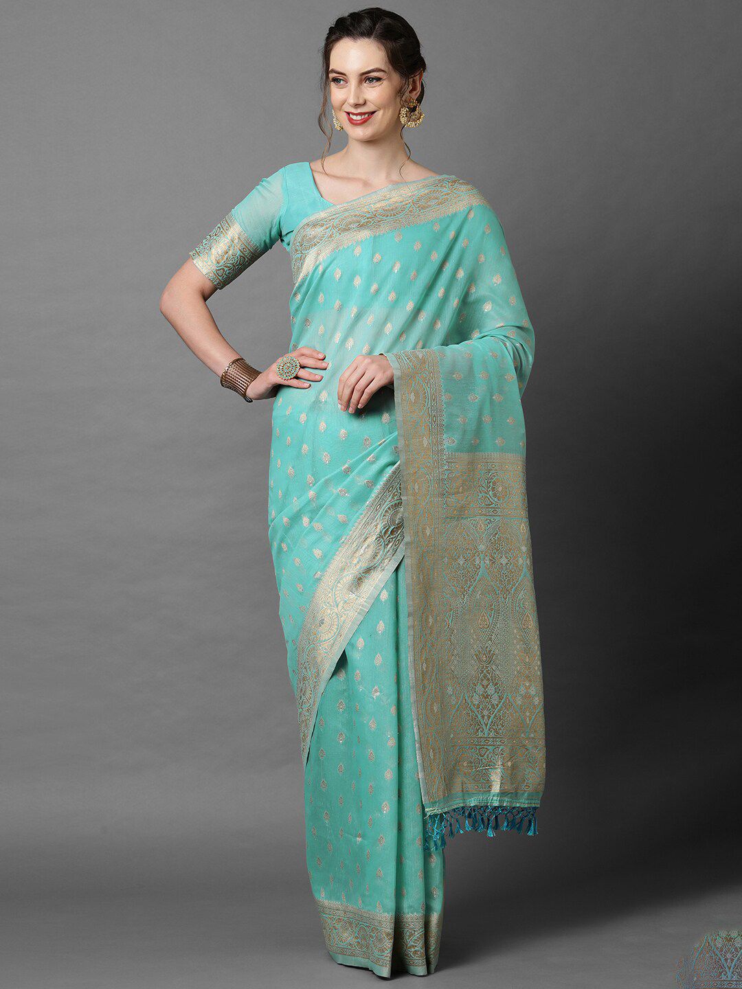 Mitera Women Sky Blue Ethnic Woven Designed Festive Saree Price in India