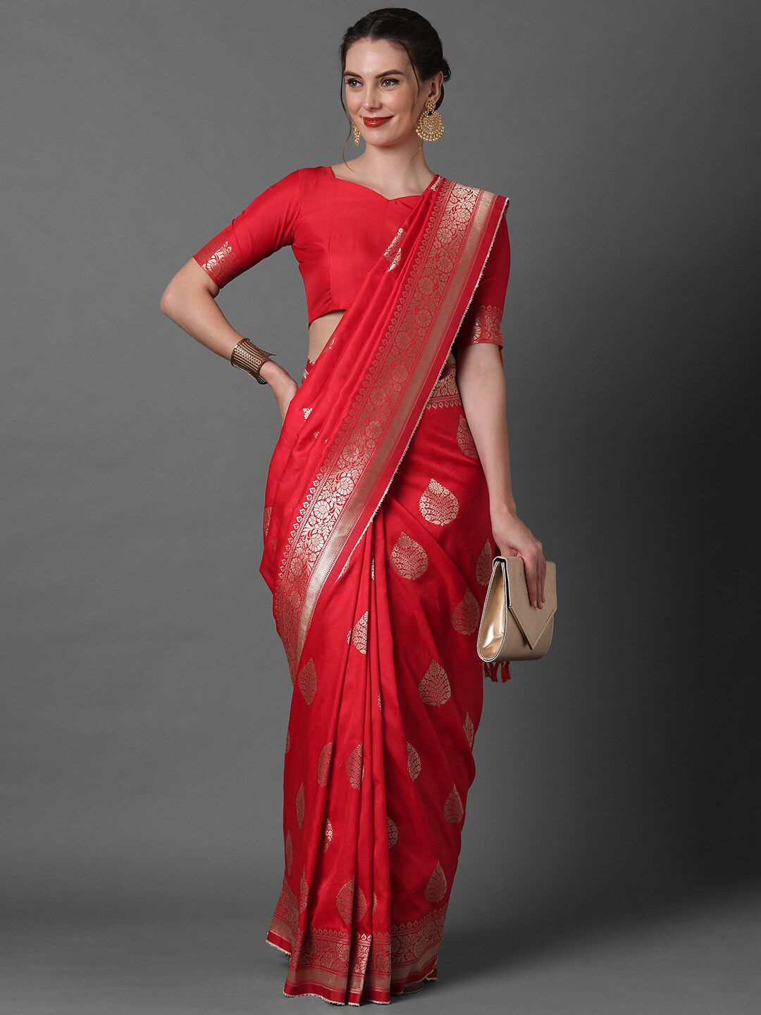 Mitera Red & Silver-Coloured Ethnic Motifs Zari Woven Design Silk Blend Banarasi Saree Price in India