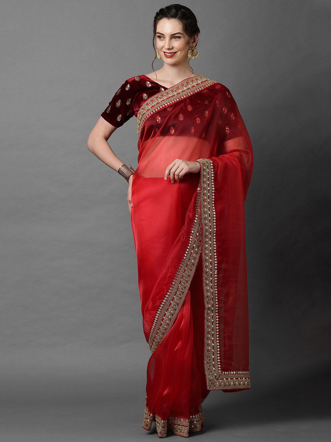 Mitera Maroon Sequinned Border Organza Saree Price in India