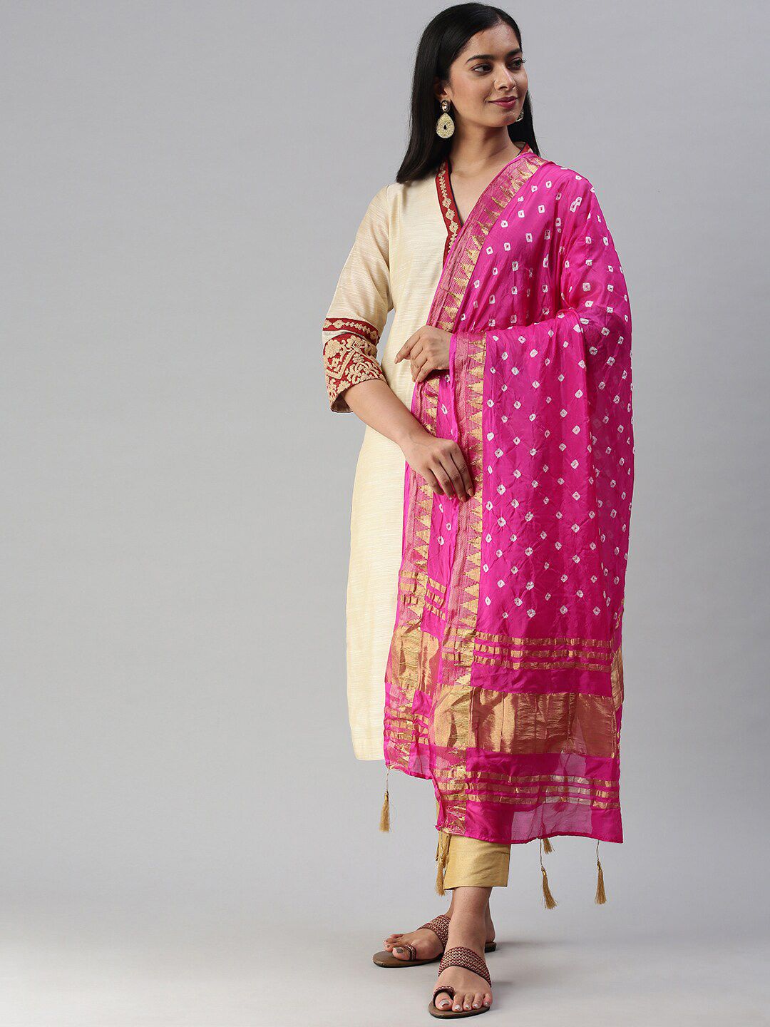 Soch Pink & Golden Art Silk Bandhani Dupatta with Zari Price in India