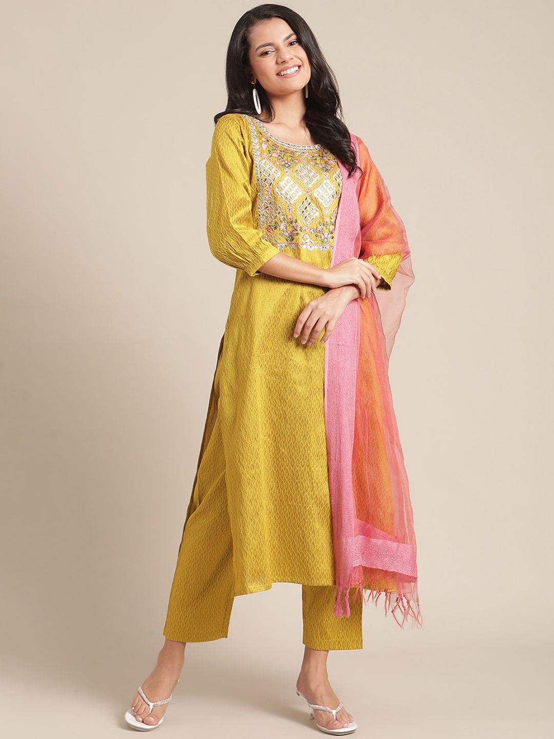 Varanga Women Mustard Yellow Embroidered Pure Silk Kurta with Trousers & With Dupatta Price in India