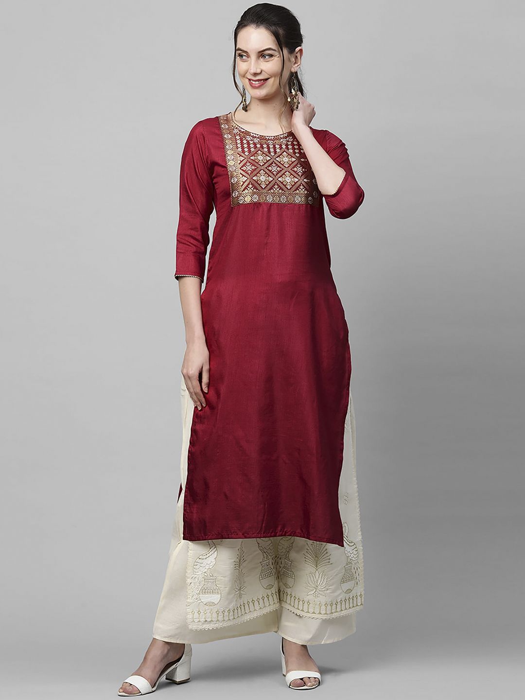 Indo Era Women Maroon Floral Yoke Design Kurta with Palazzos