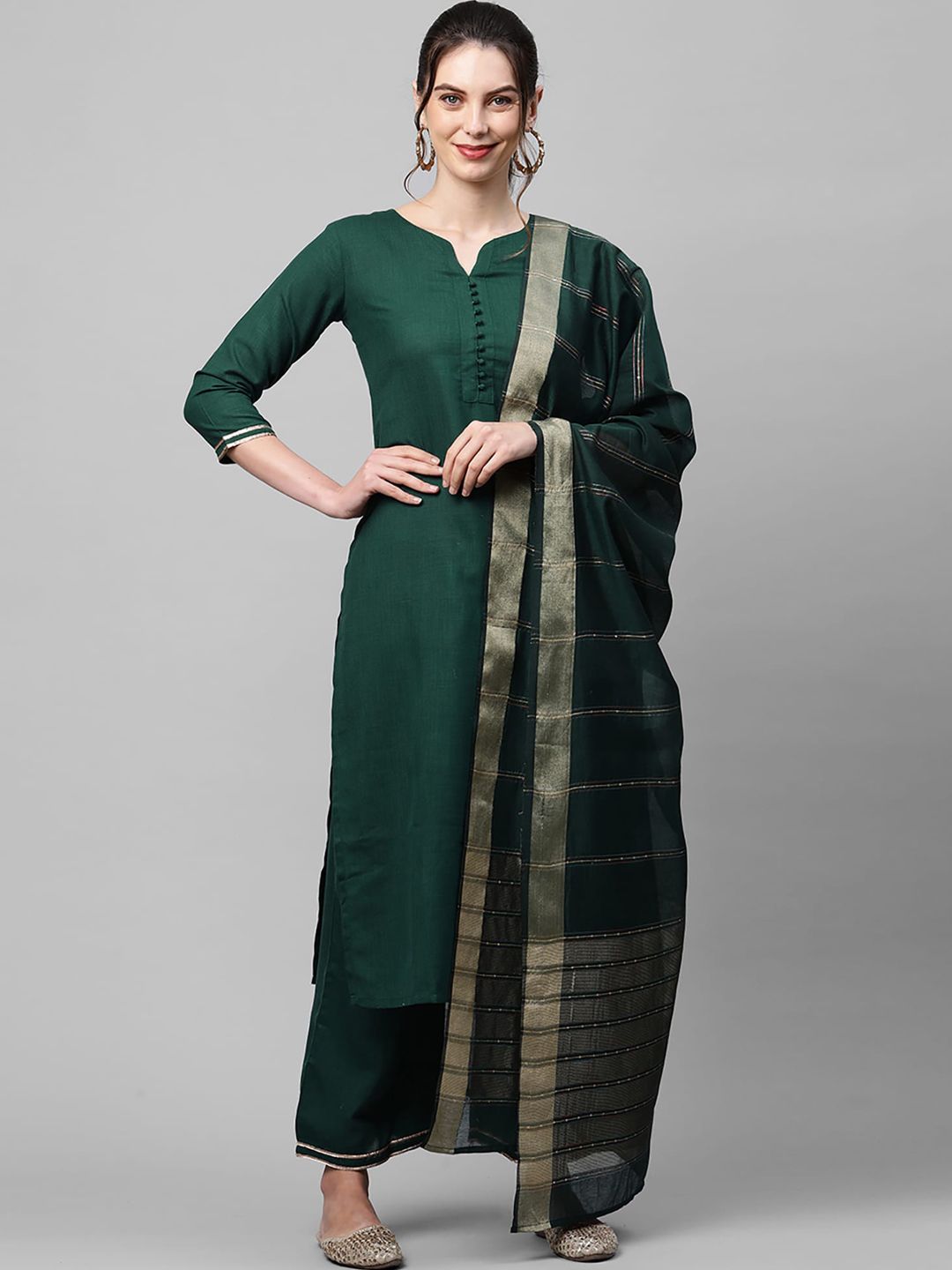 Indo Era Women Green Pure Cotton Kurta with Palazzos & Dupatta Price in India