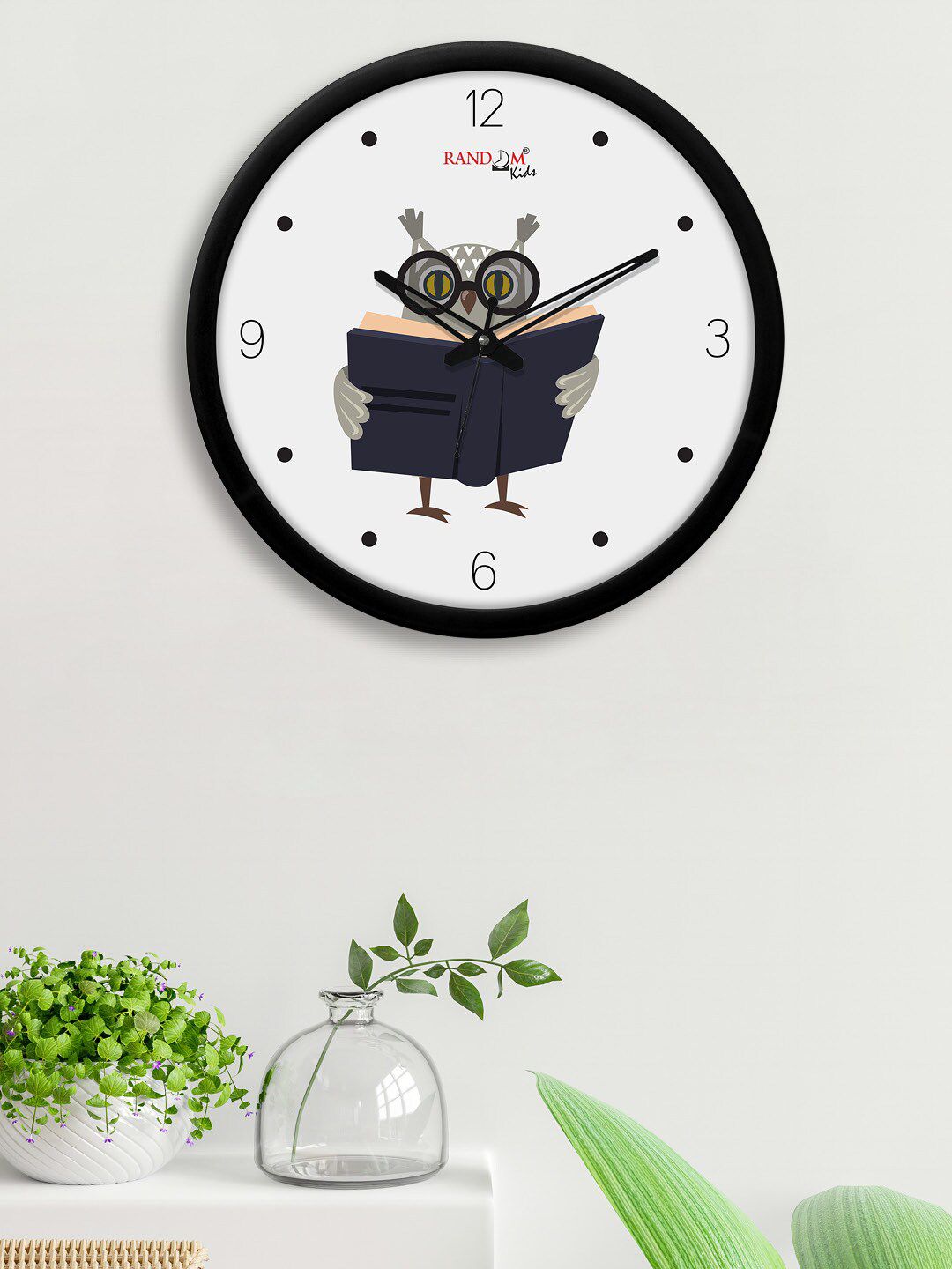 RANDOM Off White & Black Talented Owl Printed Contemporary Wall Clock Price in India