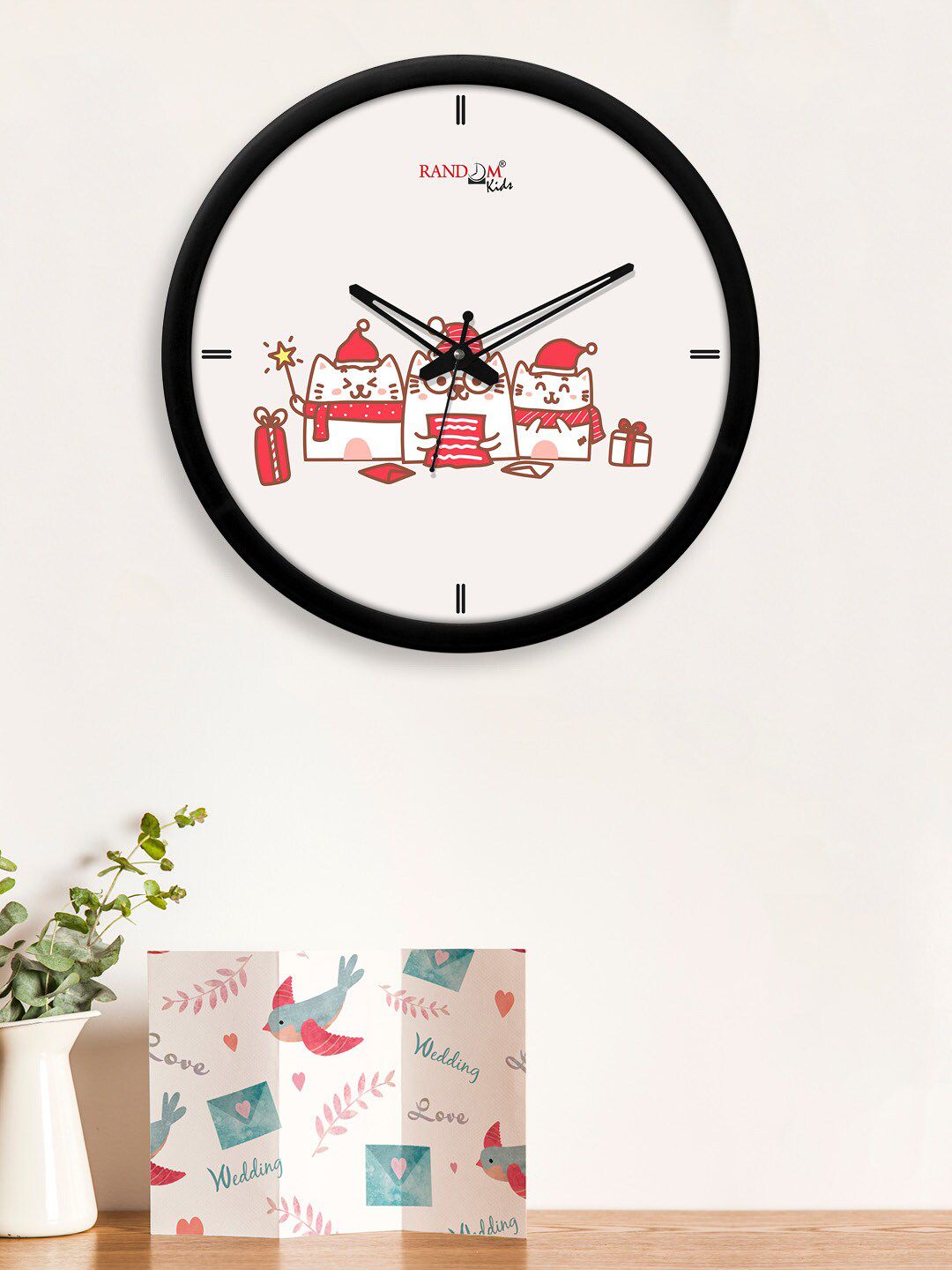 RANDOM Off White & Red Christmas Cats Printed Contemporary Wall Clock with Glass Frame Price in India