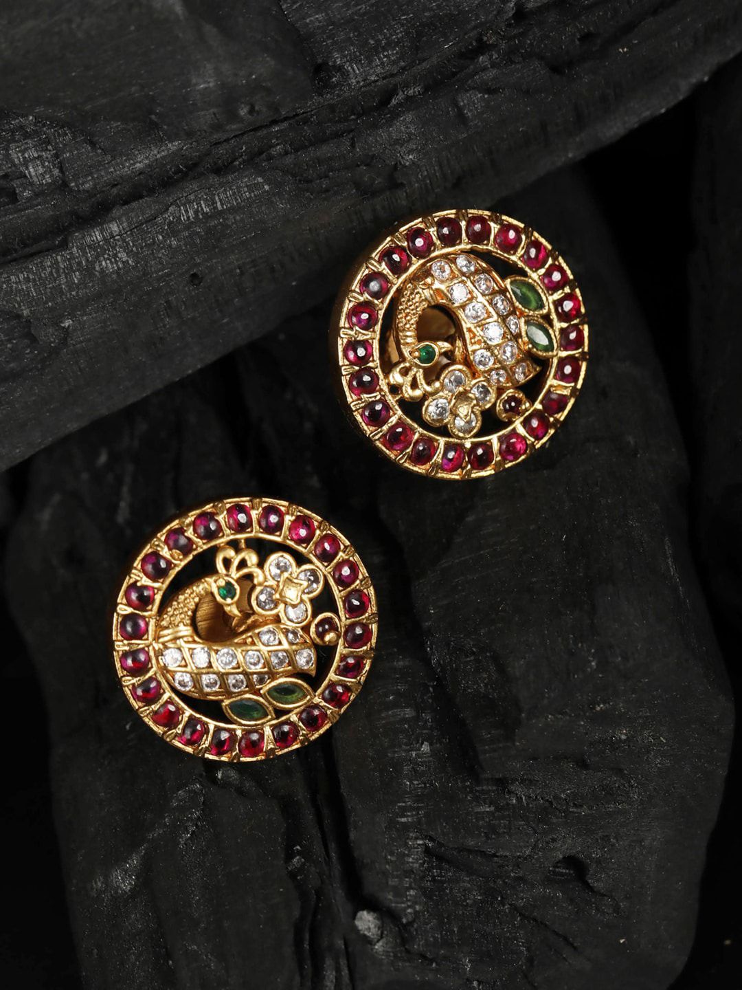 Priyaasi American Diamond Maroon Gold Plated Peacock Contemporary Stud Earrings Price in India