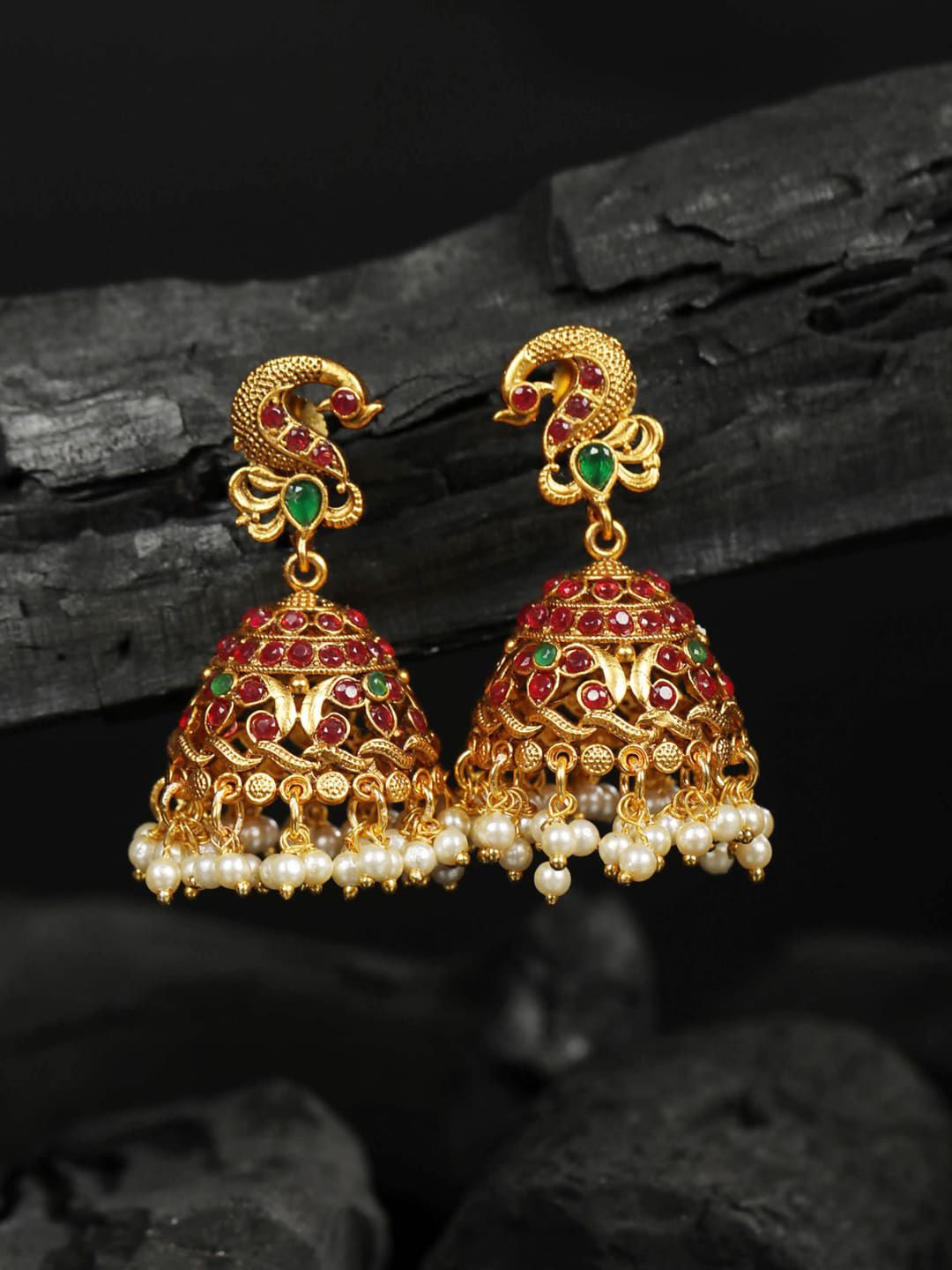 Priyaasi Maroon Stone With Pearl Beads Gold Plated Jhumka Earrings Price in India