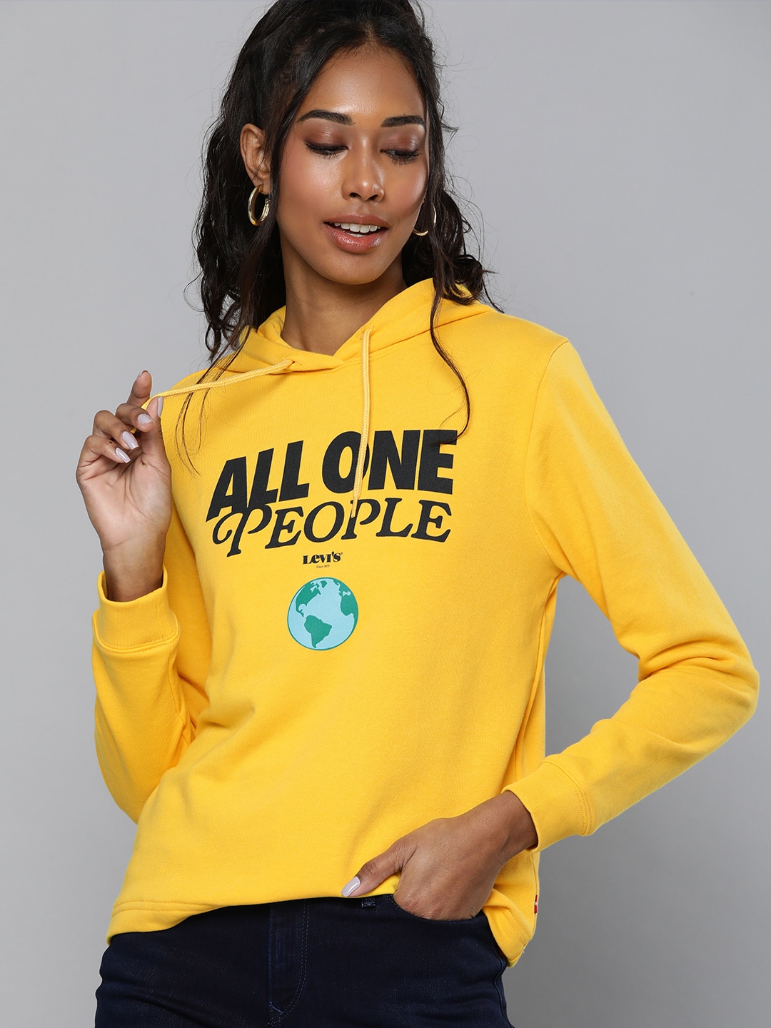 Levis Women Yellow Printed Hooded Sweatshirt Price in India