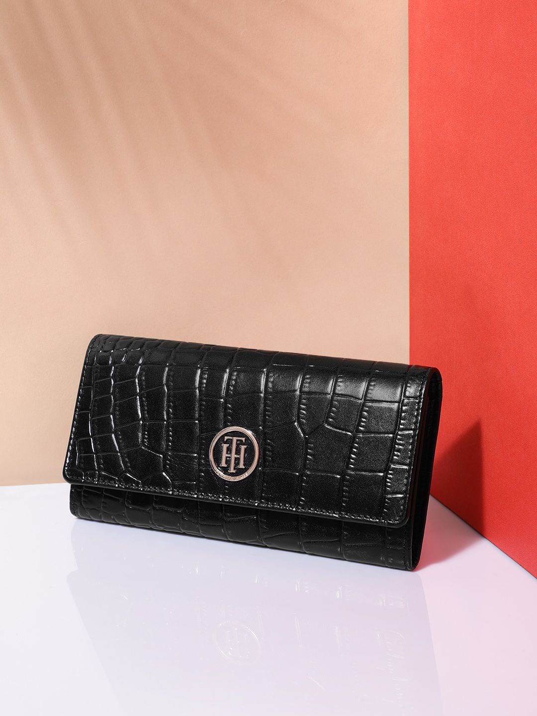 Tommy Hilfiger Women Black Croc-Textured Leather Two Fold Wallet Price in India