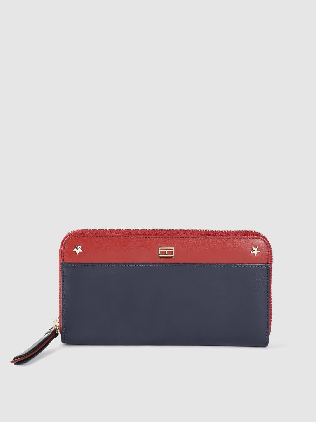 Tommy Hilfiger Women Navy Blue & Red Colourblocked Leather Zip Around Wallet Price in India