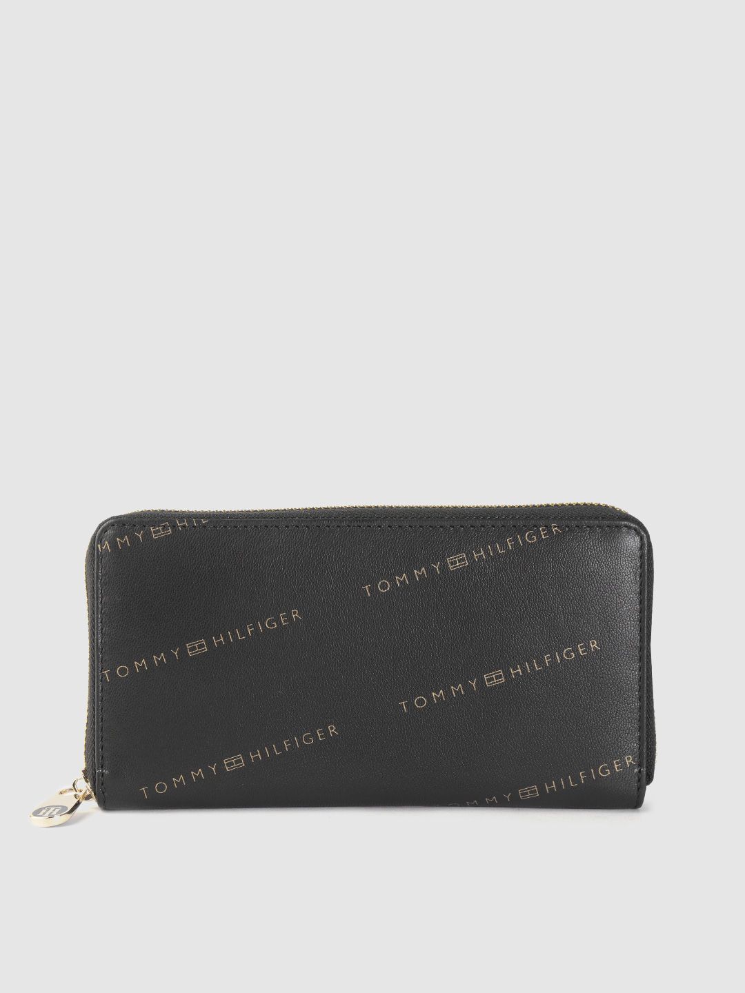 Tommy Hilfiger Women Black Brand Logo Print Leather Zip Around Wallet Price in India