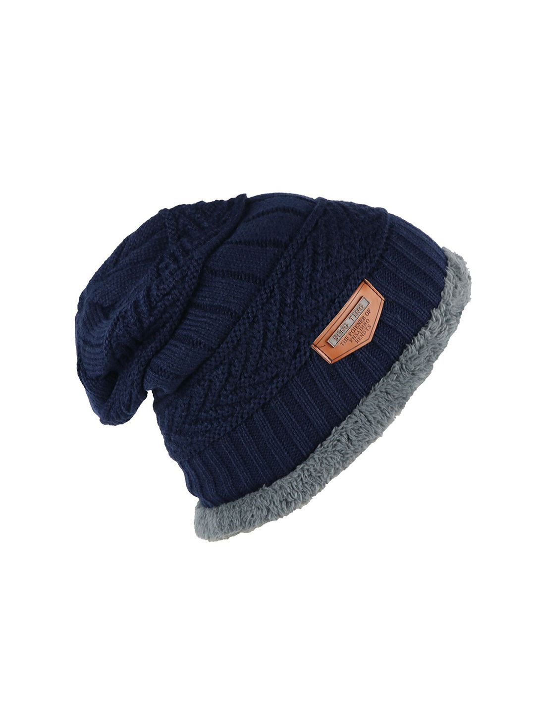 iSWEVEN Unisex Navy Blue Winter Beanie Cap with Inner Fur Price in India