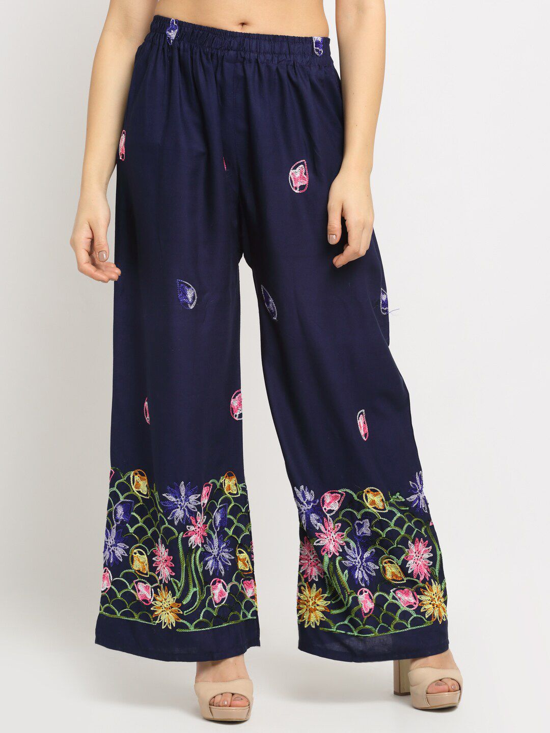 NEUDIS Women Navy Blue & Pink Floral Embroidered Ethnic Palazzos Price in India