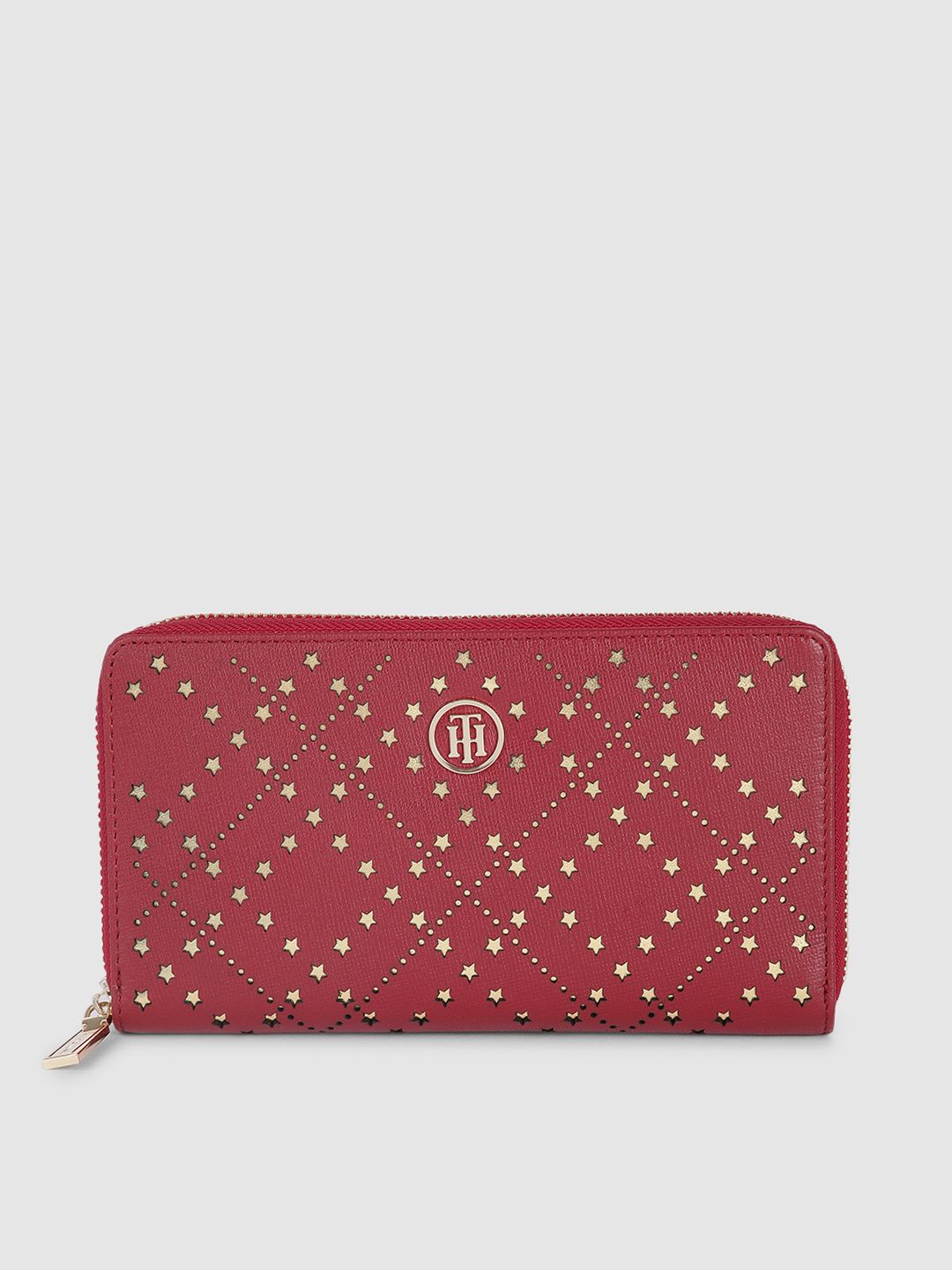 Tommy Hilfiger Women Burgundy Geometric Printed Leather Zip Around Wallet Price in India