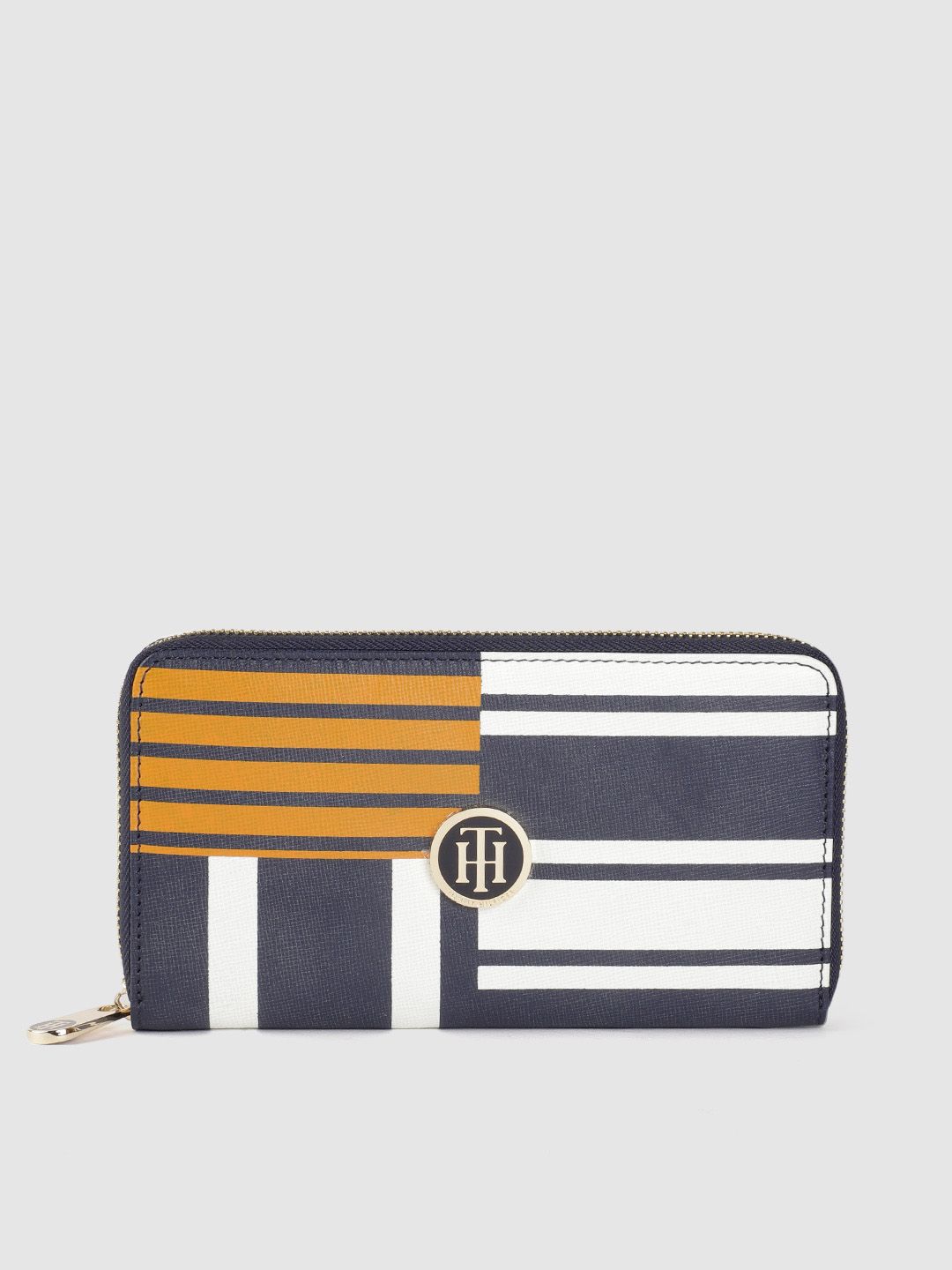 Tommy Hilfiger Women Mustard Yellow & Navy Blue Striped Leather Zip Around Wallet Price in India