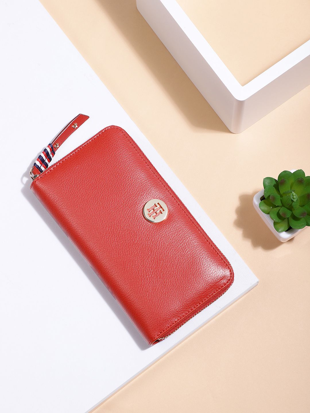 Tommy Hilfiger Women Red Solid Leather Zip Around Wallet Price in India