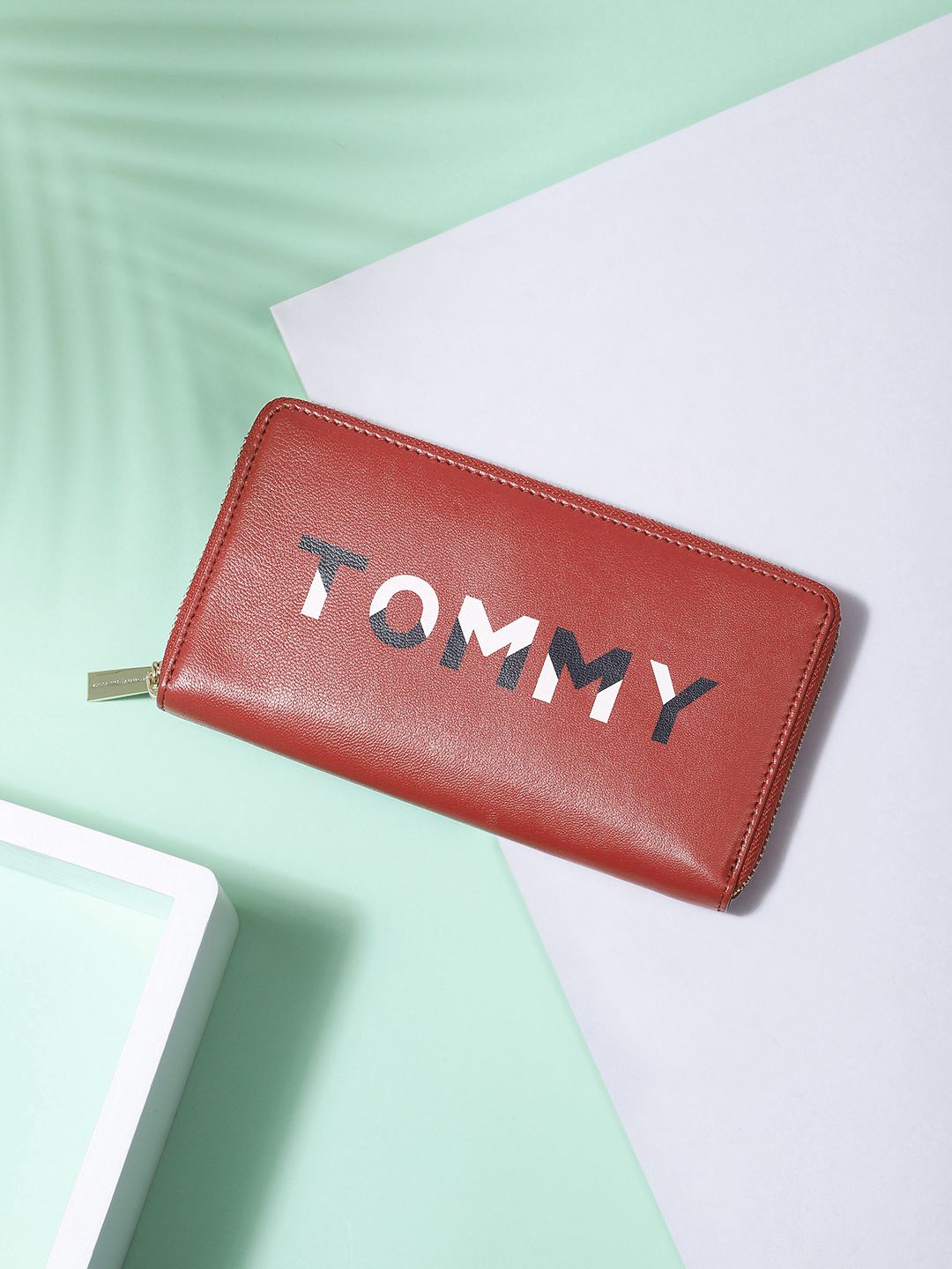 Tommy Hilfiger Women Red & White Typography Printed Leather Zip Around Wallet Price in India