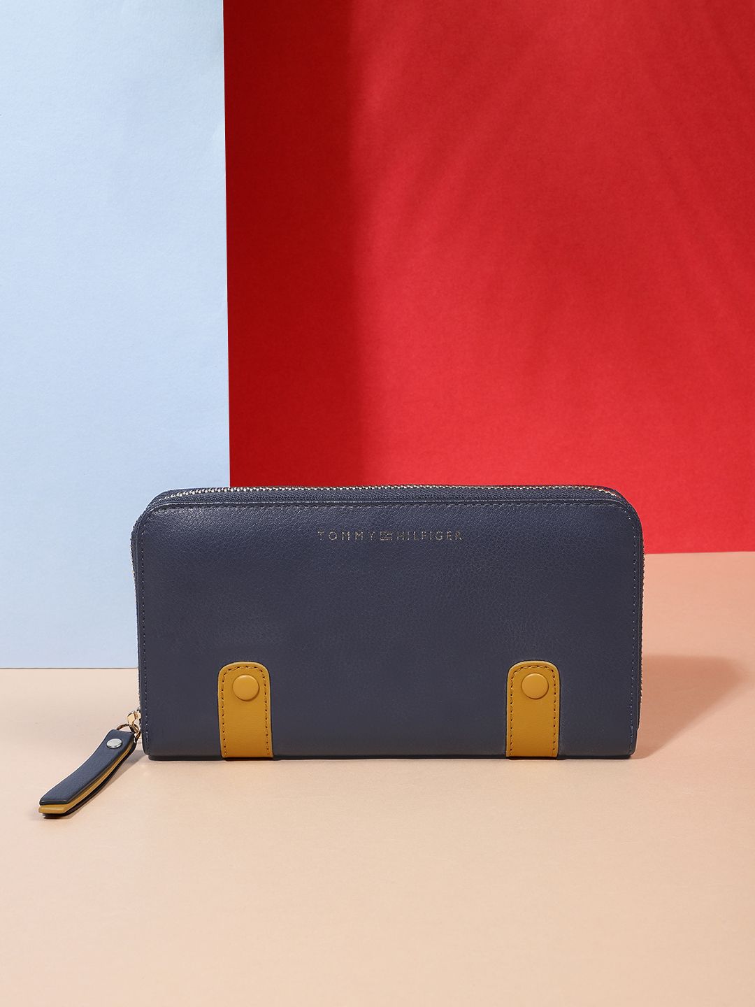Tommy Hilfiger Women Navy Blue & Mustard Yellow Applique Leather Zip Around Wallet Price in India