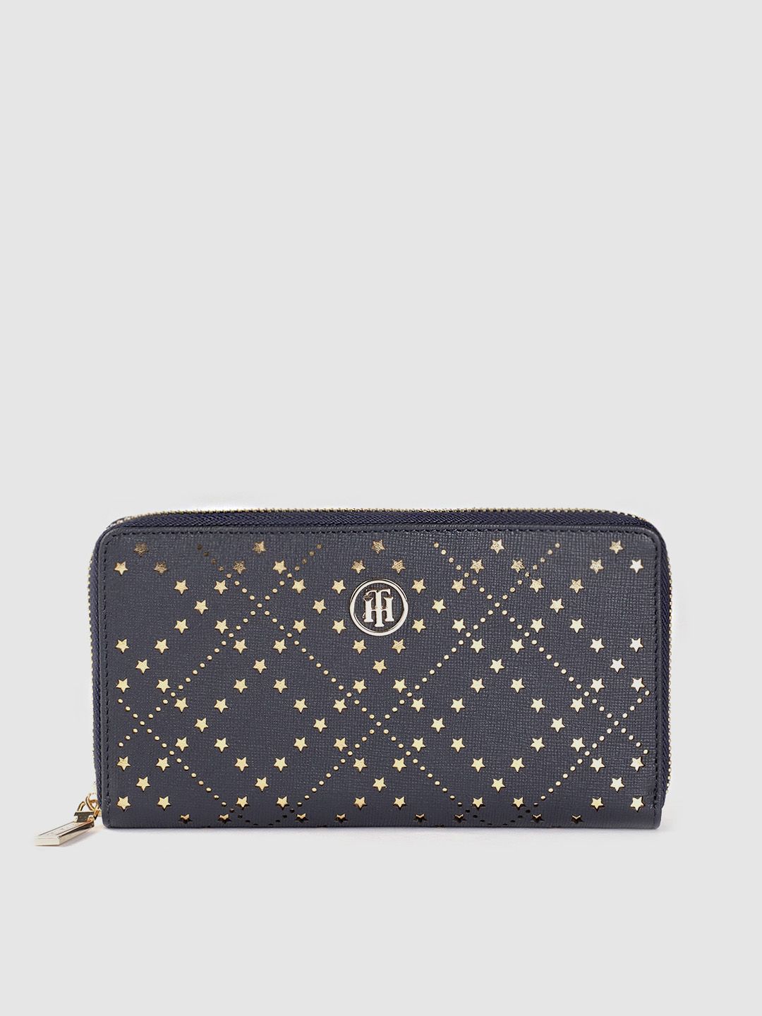 Tommy Hilfiger Women Navy Blue & Gold-Toned Laser Cuts Leather Zip Around Wallet Price in India