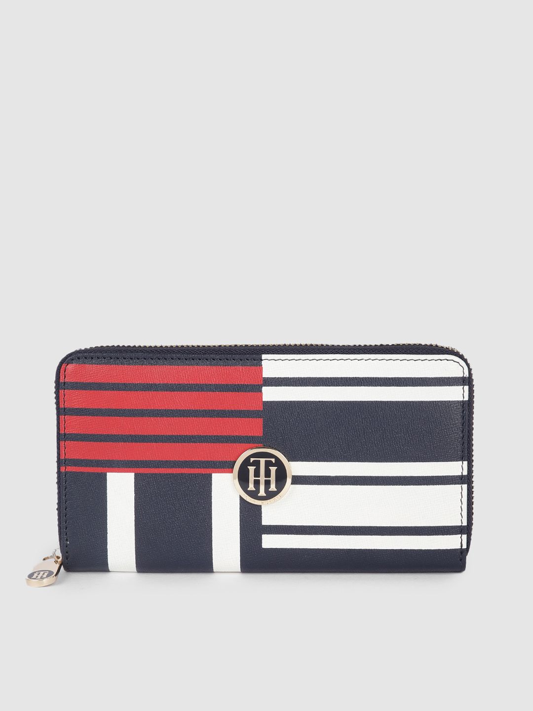 Tommy Hilfiger Women Navy Blue & White Printed Leather Zip Around Wallet Price in India