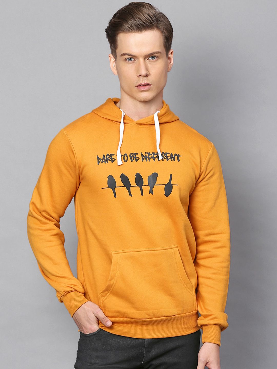 CAHOOT Men Mustard Printed Hooded Sweatshirt