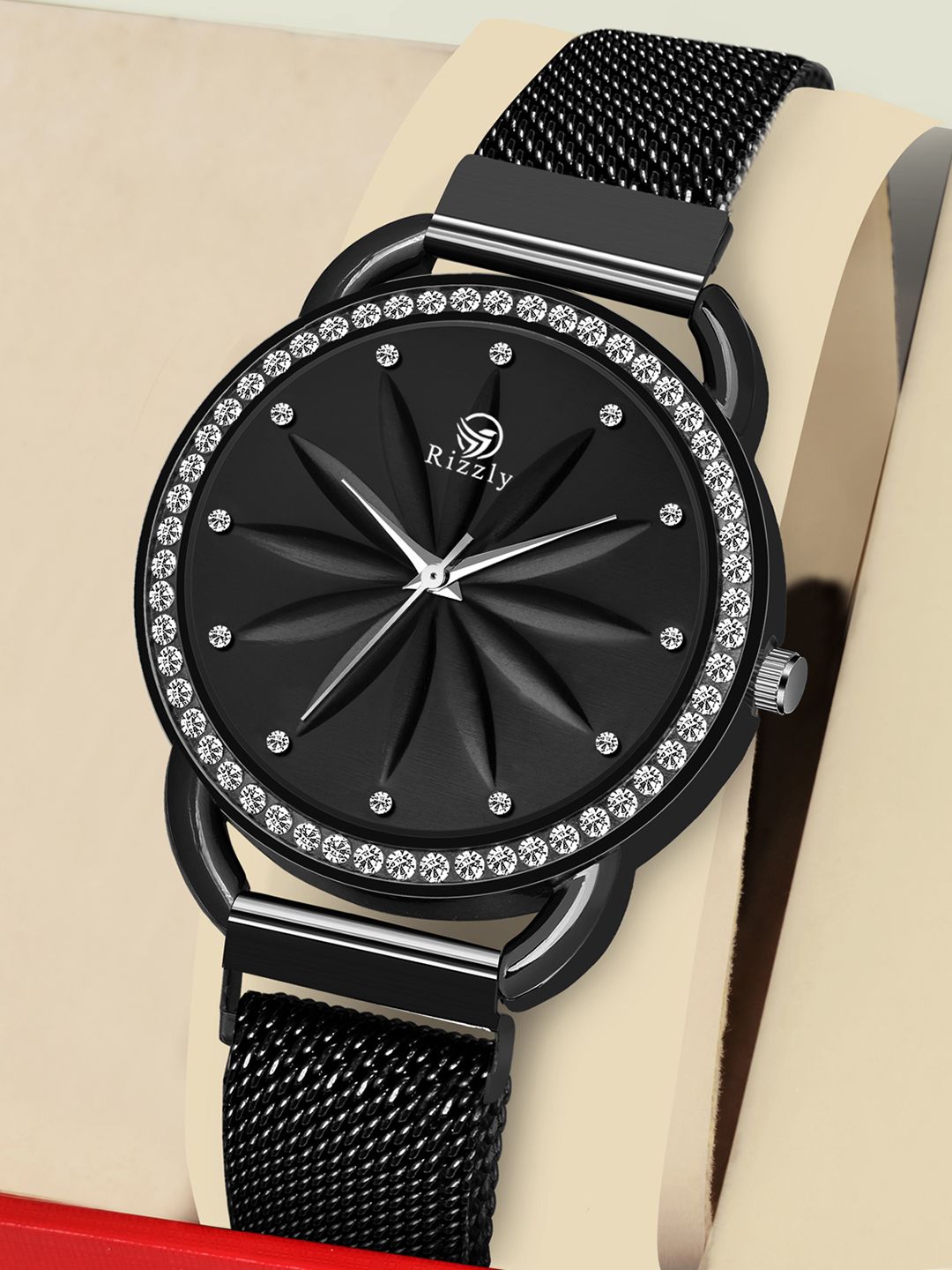 Rizzly Women Black Brass Embellished Dial & Black Stainless Steel Analogue Watch RZ-138 Price in India