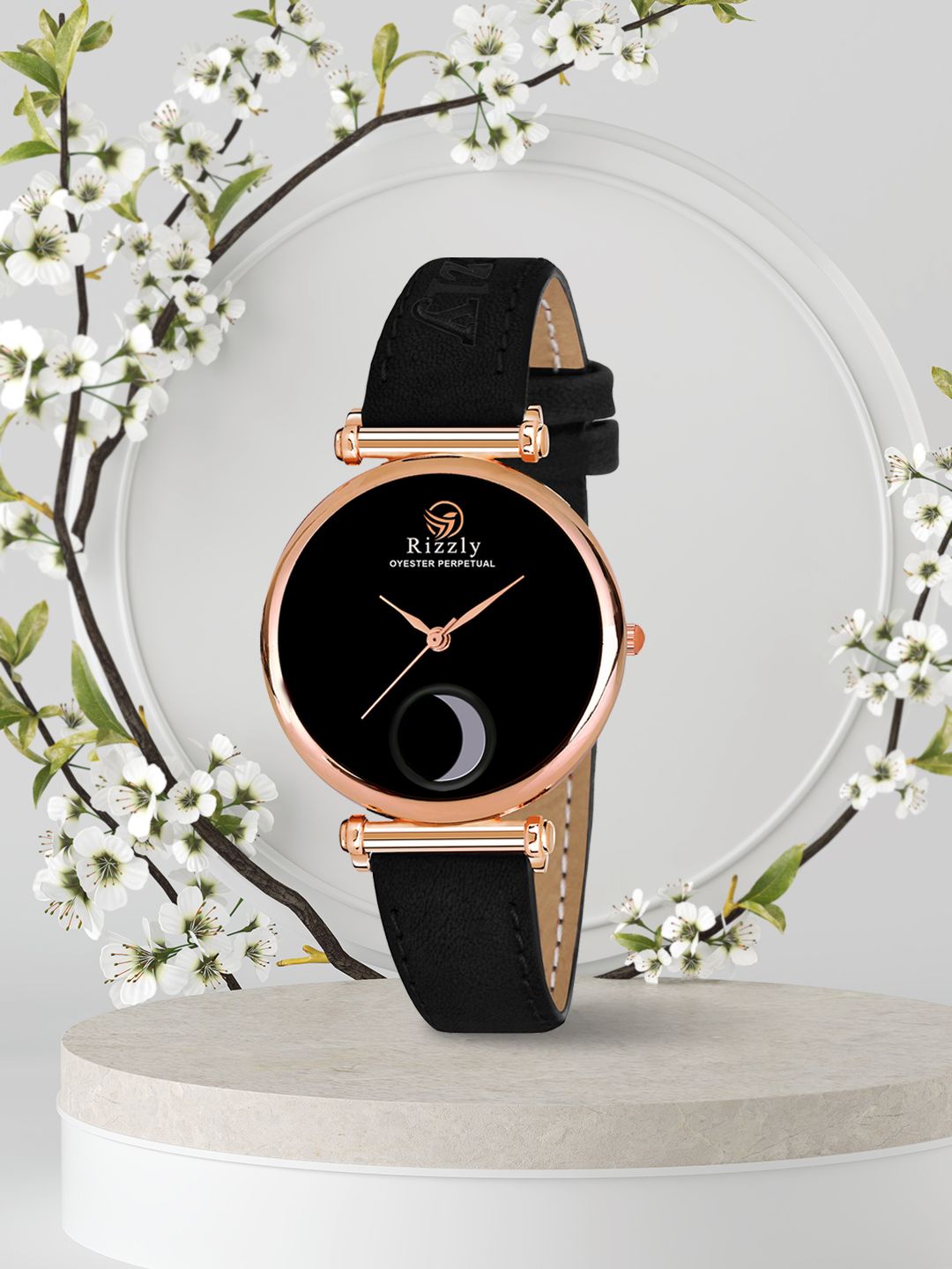 Rizzly Women Black Brass Printed Dial & Black Leather Straps Analogue Watch RZ-304 Price in India