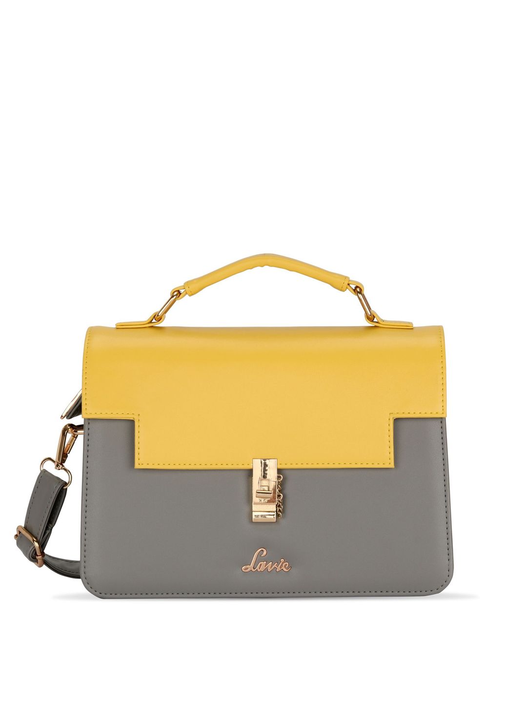 Lavie Grey & Yellow Colourblocked Structured Satchel Bag Price in India