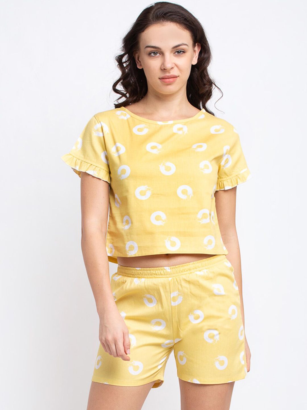 Claura Women Yellow Cotton Shorts and Top Loungewear Set Price in India