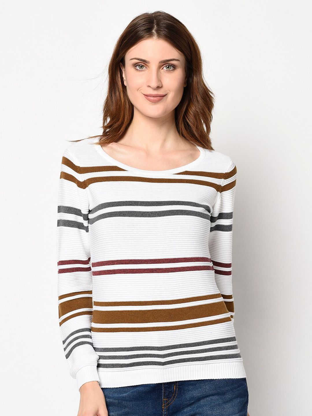 98 Degree North Women White & Grey Striped Pullover Sweater Price in India