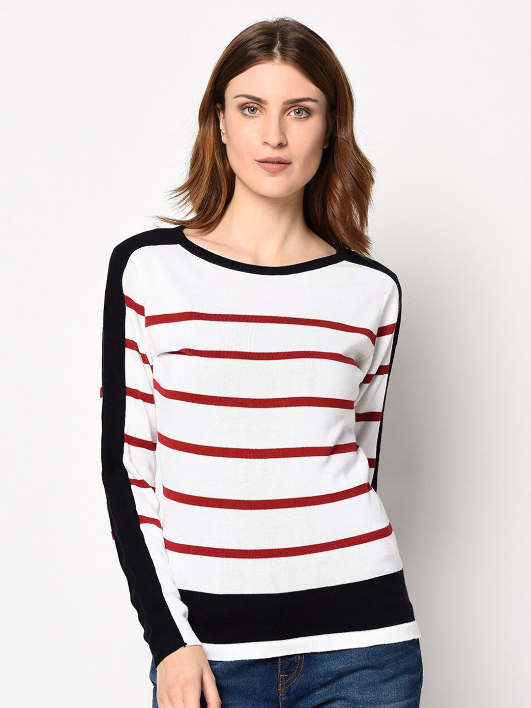 98 Degree North Women White & Red Striped Pullover Price in India