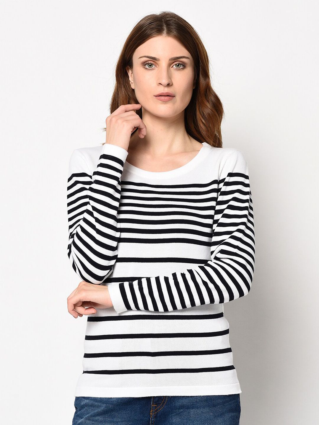 98 Degree North Women White & Black Striped Pullover Price in India