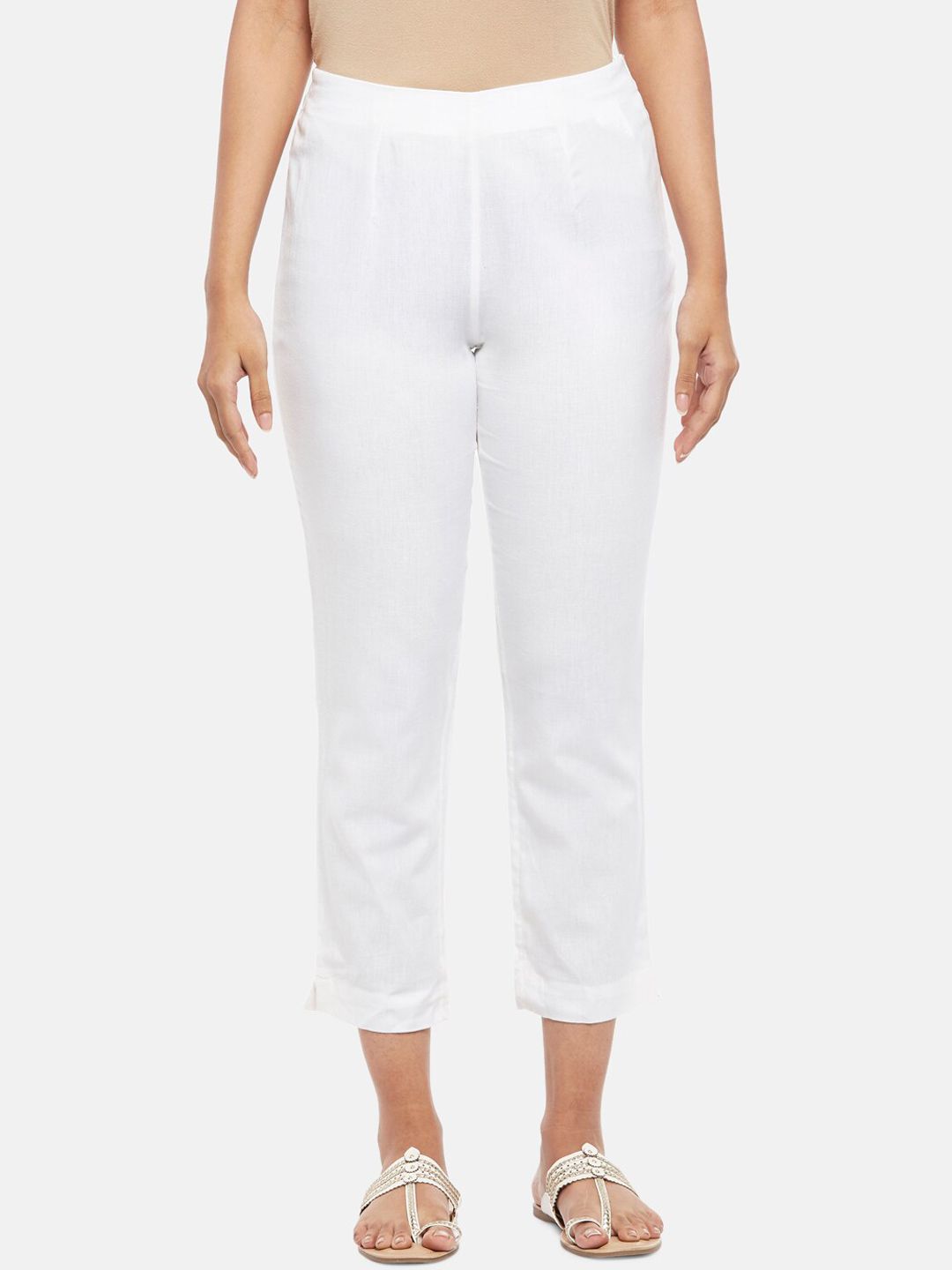 RANGMANCH BY PANTALOONS Women Off White Solid Cotton Trousers Price in India