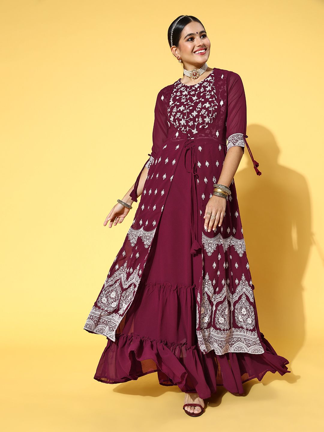 Kvsfab Women Burgundy Wine Georgette Sequins Embroidered Party Wear Gown Price in India
