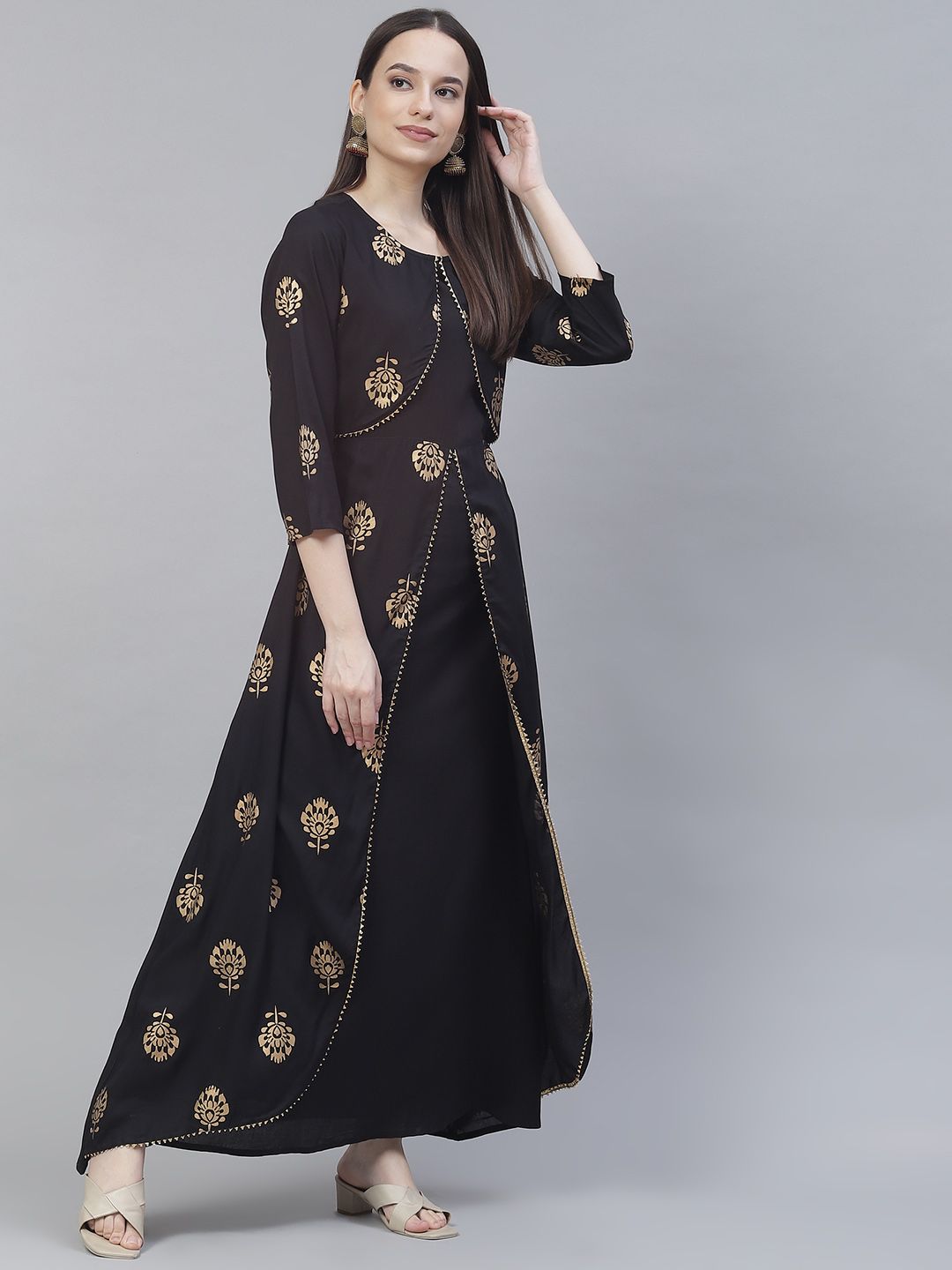 Meeranshi Black & Gold-Toned Ethnic Motifs Layered A-Line Maxi Dress Price in India