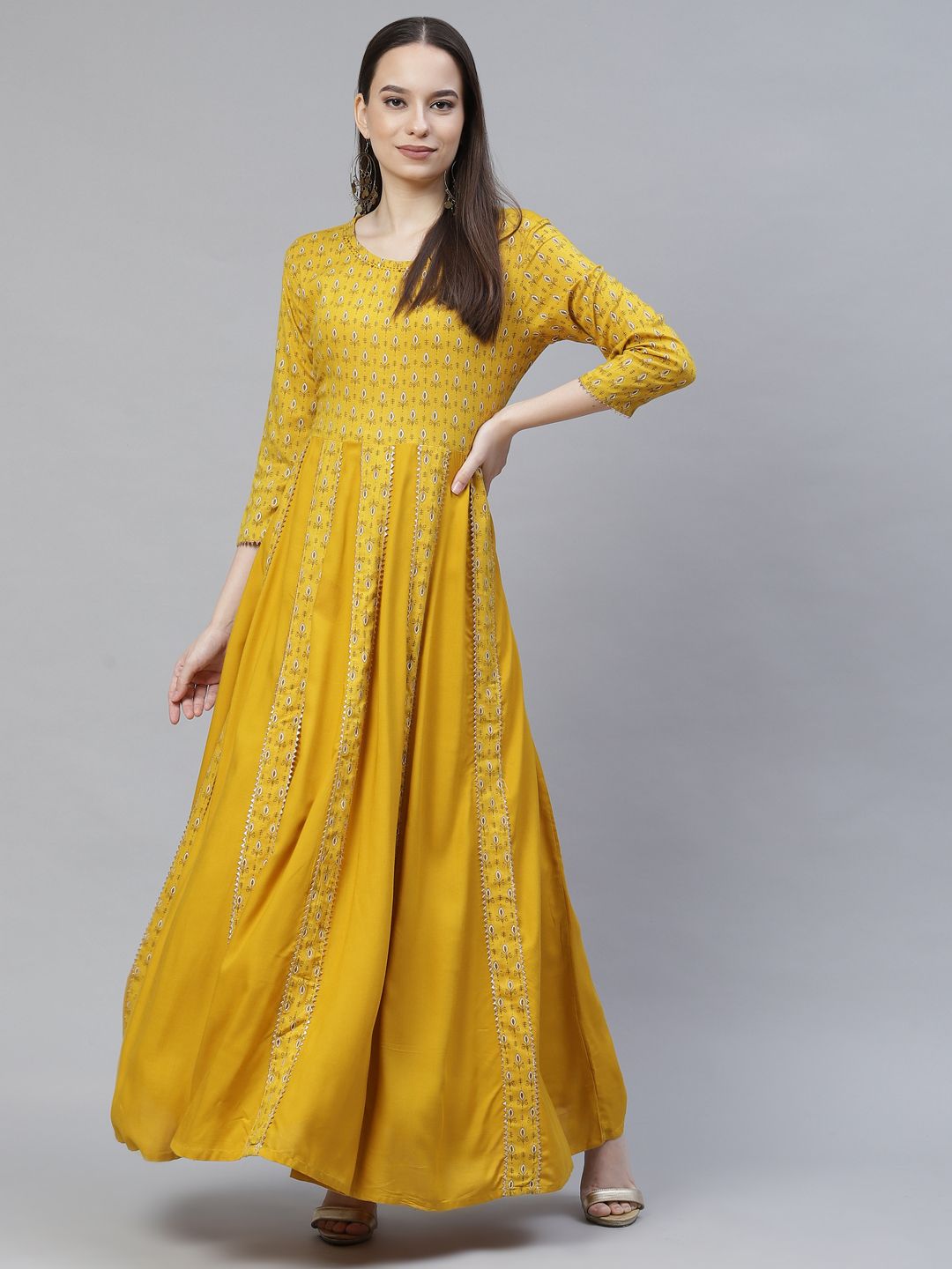 Meeranshi Mustard Yellow Ethnic Motifs Maxi Dress Price in India