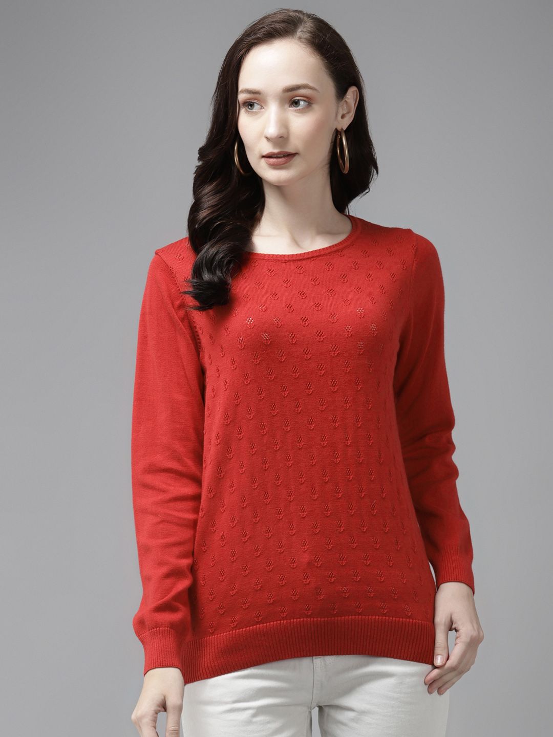 Cayman Women Red Self Designed Floral Pullover Sweater Price in India