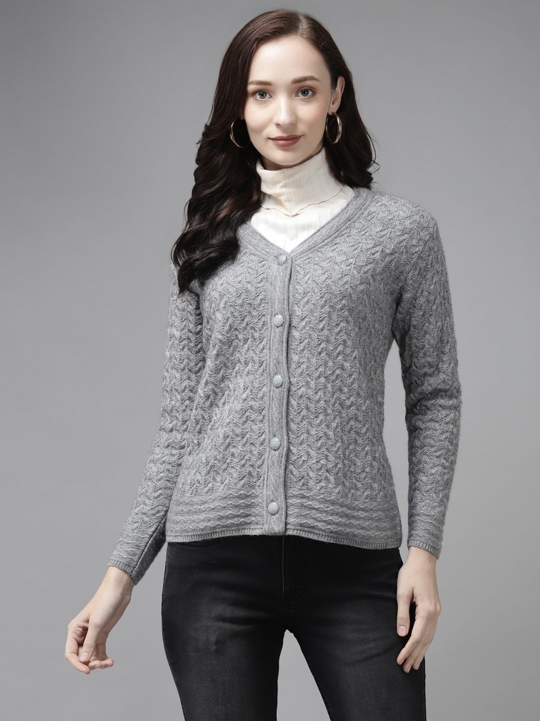 Cayman Women Grey Melange Woollen Self Design Cardigan Price in India