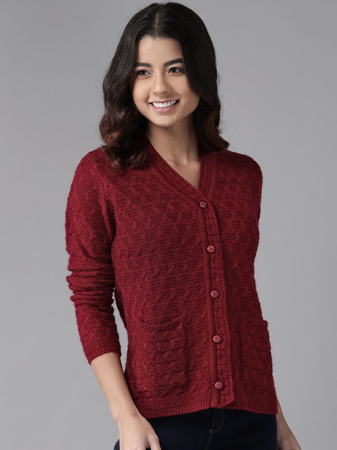 Cayman Women Maroon Woollen Cardigan Price in India