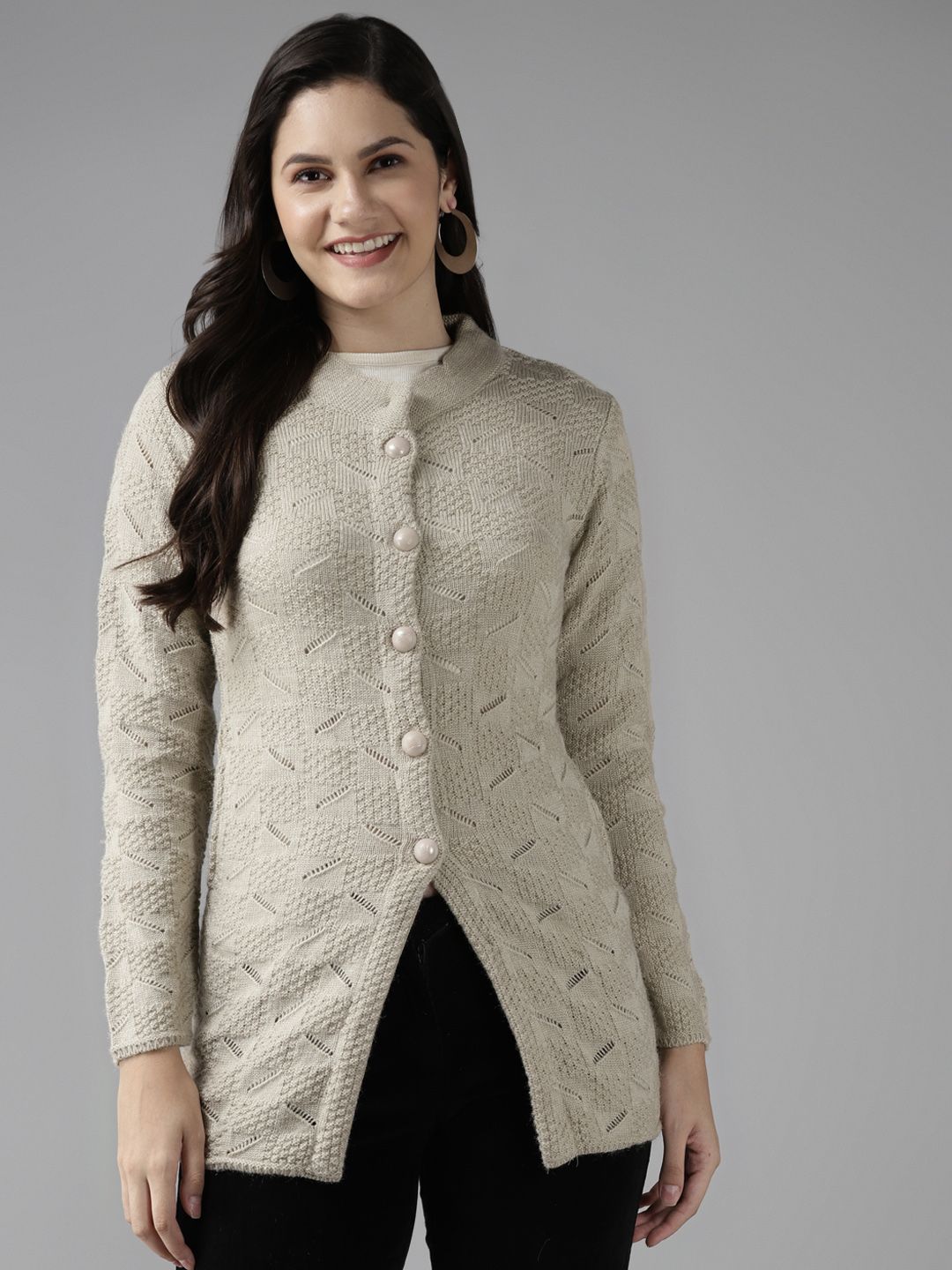 Cayman Women Beige Self-Design Woollen Cardigan Price in India