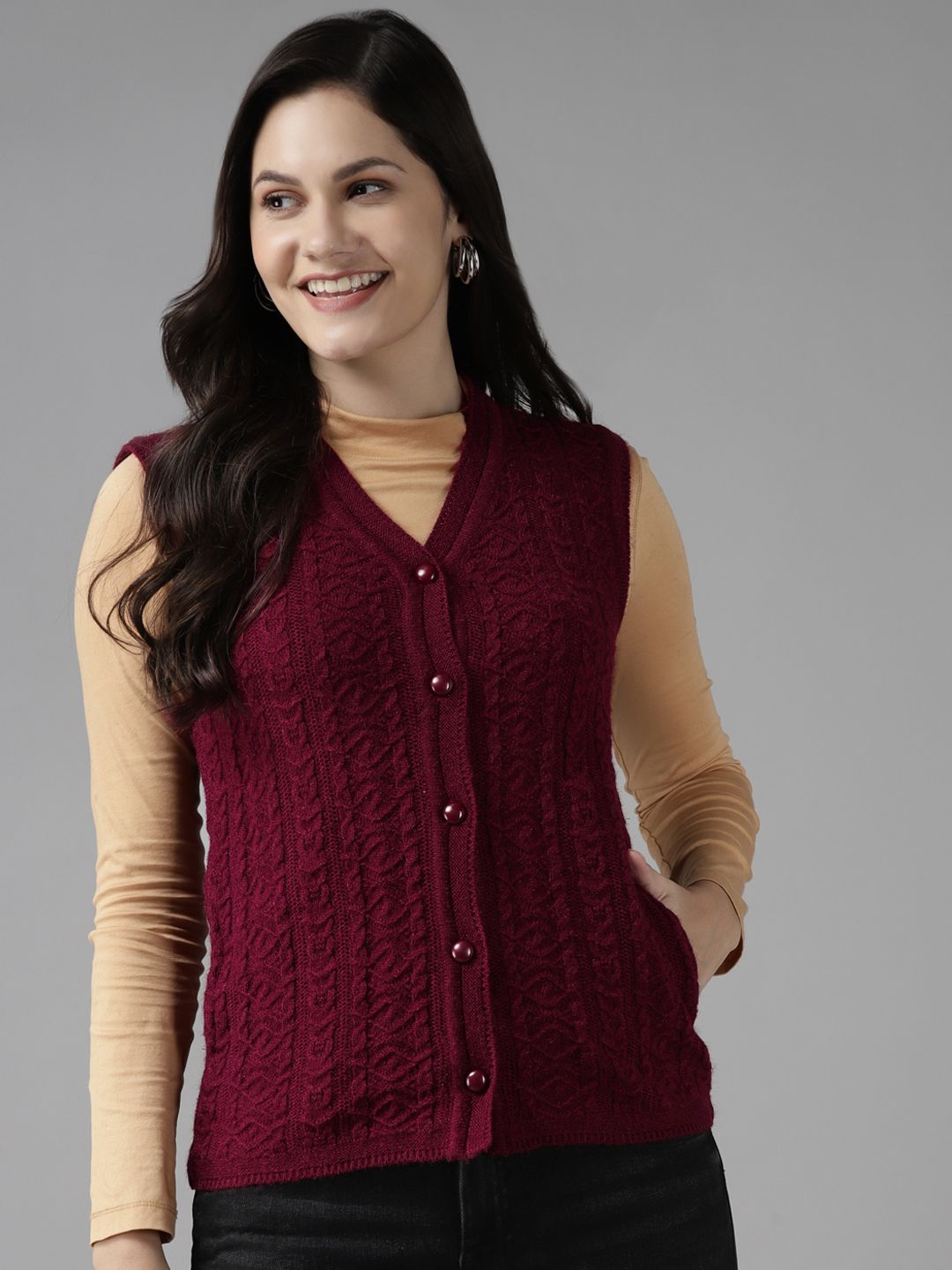 Cayman Women Maroon Cable Knit Woollen Sweater Vest Price in India