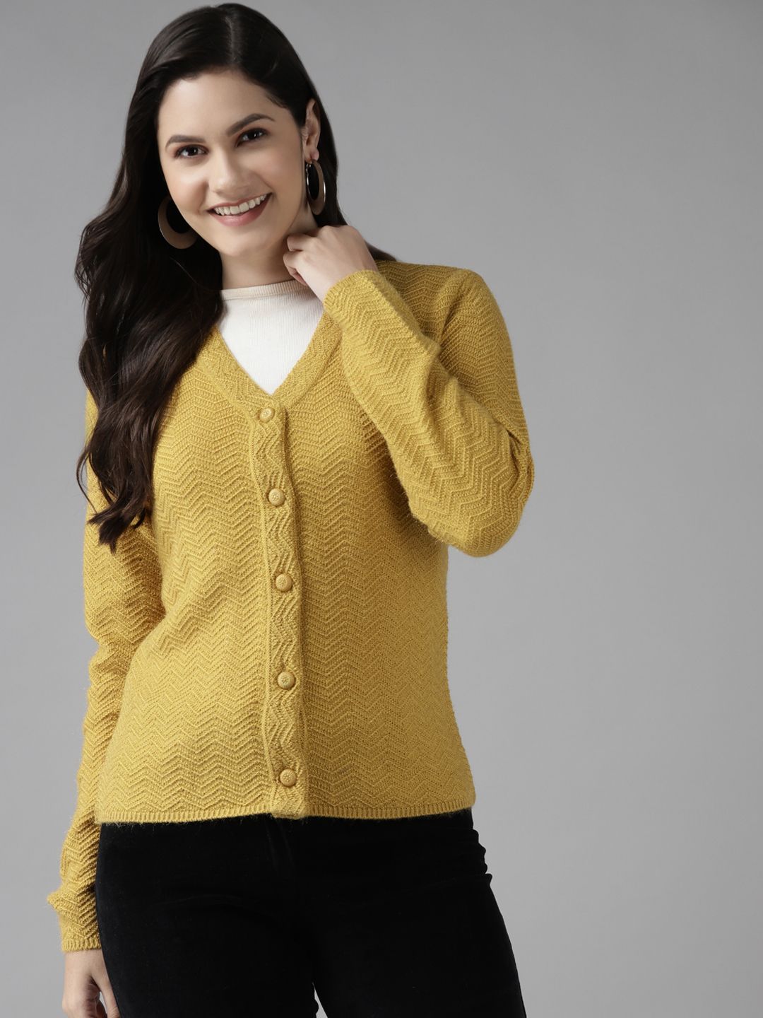 Cayman Women Mustard Yellow Self Designed Striped Cardigan Sweater Price in India