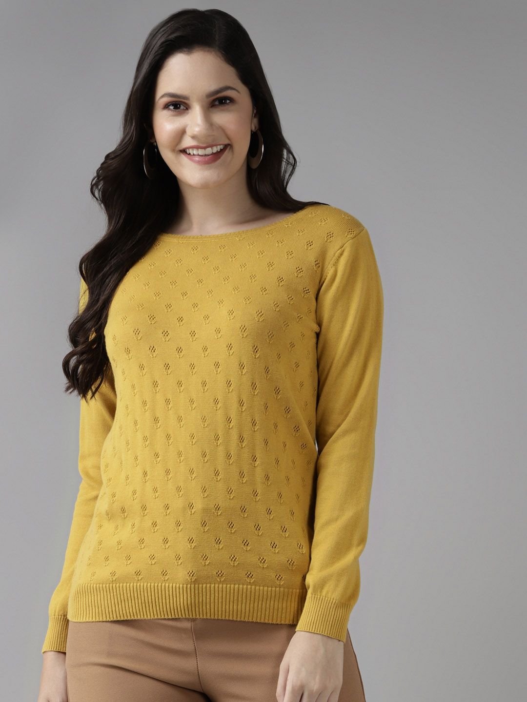 Cayman Women Mustard Yellow Self Designed Floral Pullover Sweater Price in India