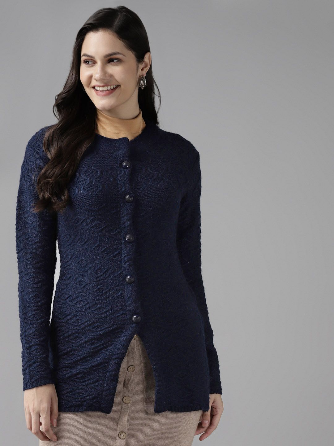 Cayman Women Navy Blue Self Designed Cardigan Sweater Price in India