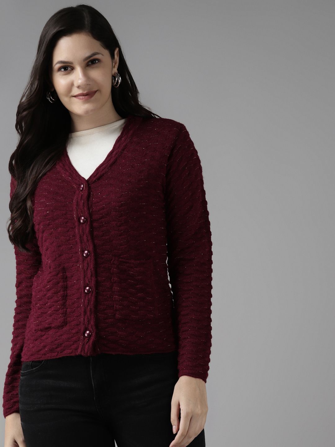 Cayman Women Maroon Woollen Self Design Cardigan Price in India