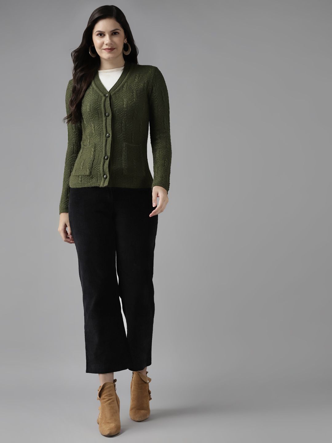 Cayman Women Olive Green Self Design Pocket Cardigan Price in India