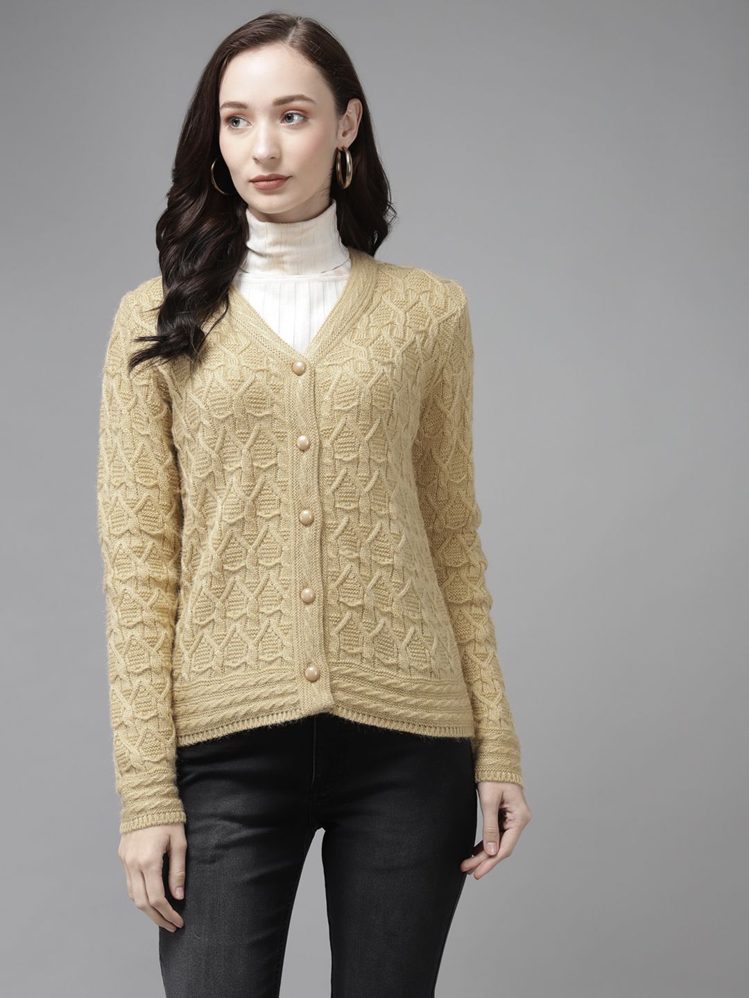 Cayman Women Beige Self Design Cardigan Price in India