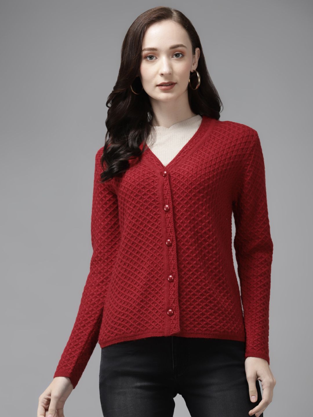 Cayman Women Red Woollen Self Design Cardigan Price in India